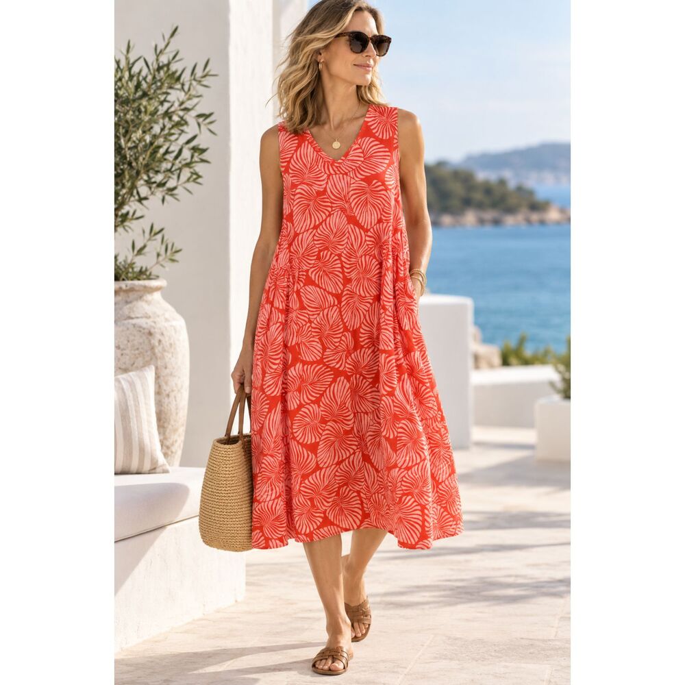 Linen-O Shift Dress Tropical Fan Palm Leaf Print A-Line Red Coral Sleeveless S